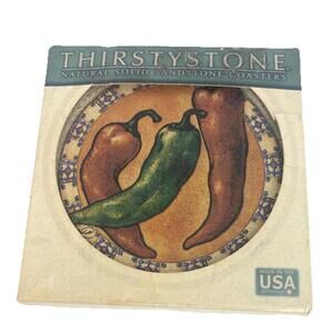 Set of 4 Colorful Chili Peppers ThirstyStone Natural Sandstone Round Coasters
